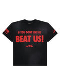 Jcresells black cotton t-shirt with red "IF YOU DONT LIKE US BEAT US!" graphic print and logo.