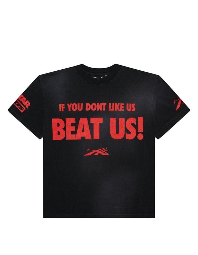 Jcresells black cotton t-shirt with red "IF YOU DONT LIKE US BEAT US!" graphic print and logo.