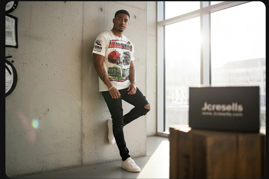 Jcresells off-white cotton blend graphic t-shirt with Hellstar logo, devil horns, crown of thorns, and 'WAR READY!' text.