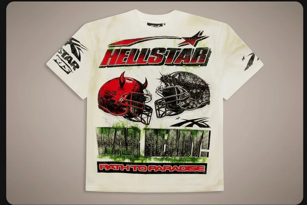 Jcresells Hellstar War Ready Path To Paradise graphic t-shirt in off-white cotton blend with distressed finish.