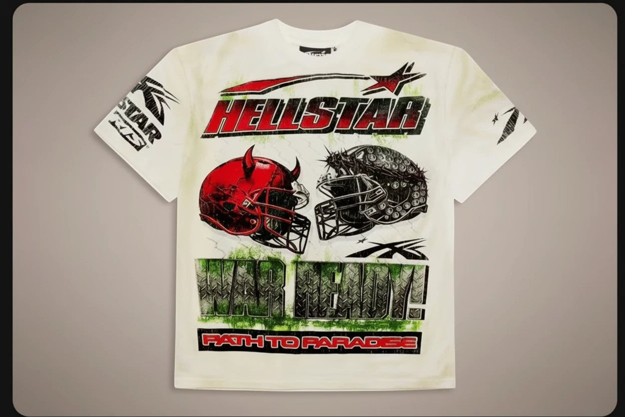 Jcresells Hellstar War Ready Path To Paradise graphic t-shirt in off-white cotton blend with distressed finish.