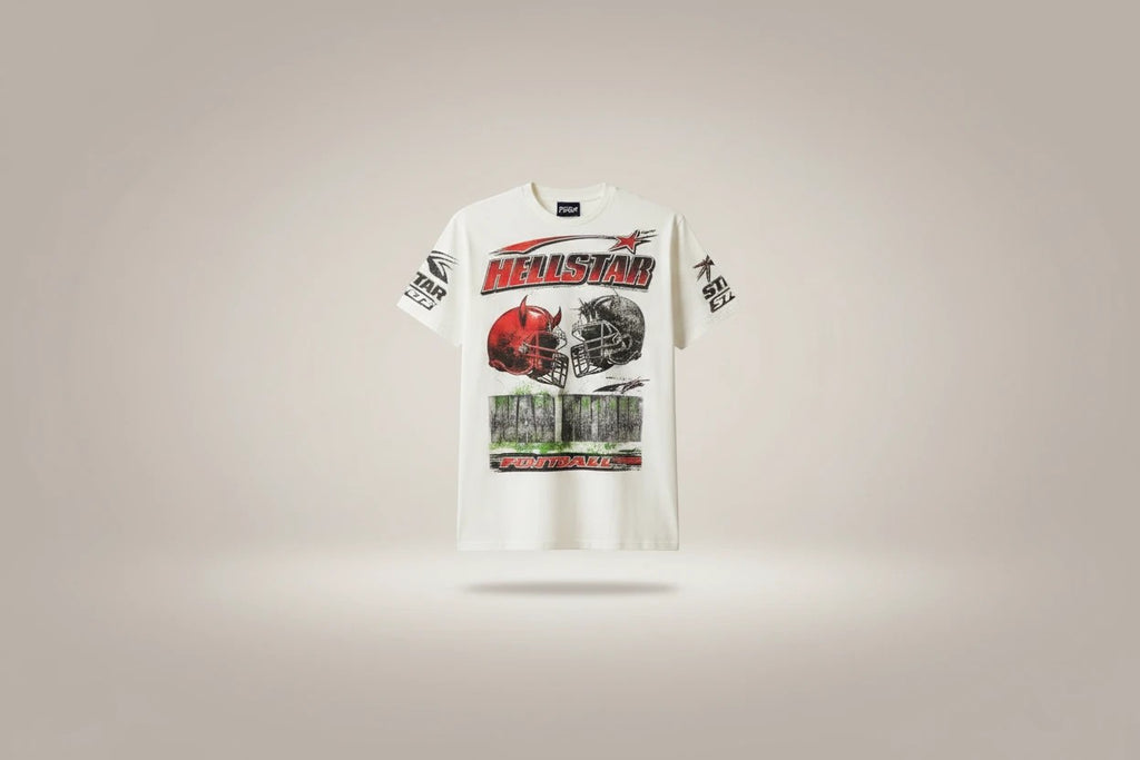 Jcresells Hellstar War Ready Path To Paradise graphic t-shirt in off-white cotton blend with distressed football helmets and branding.