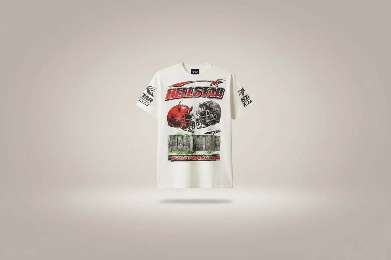 Jcresells Hellstar War Ready Path To Paradise graphic t-shirt in off-white cotton blend with distressed football helmets and branding.