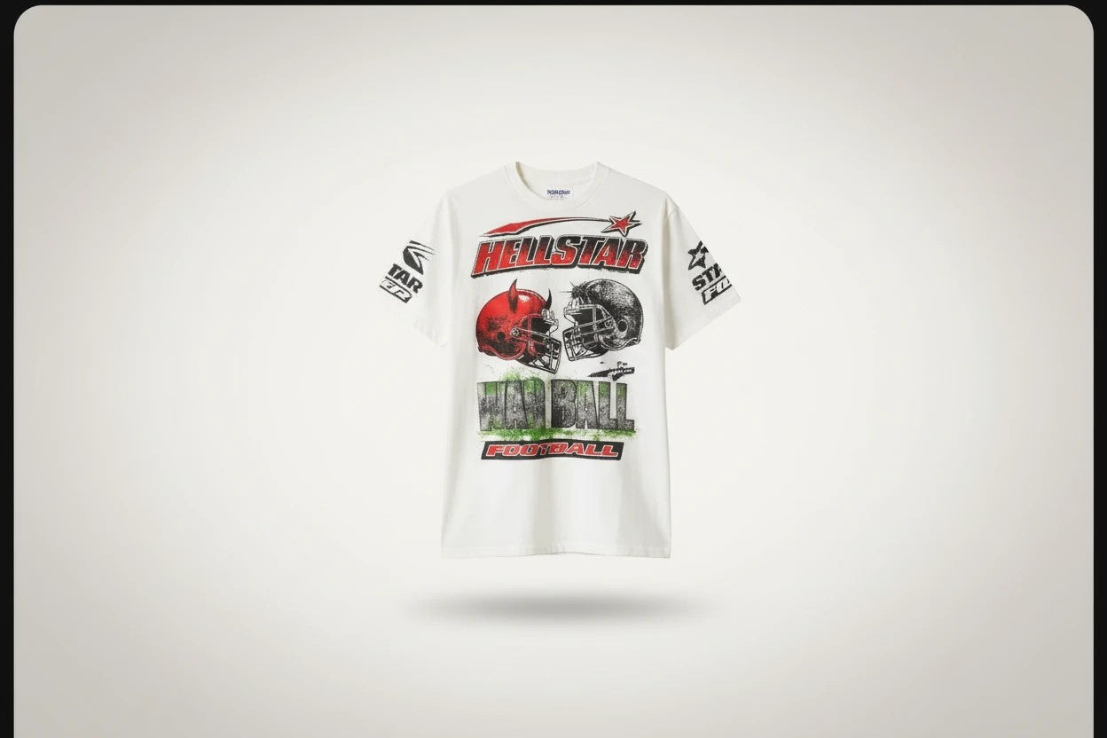 Jcresells Hellstar War Ready Path To Paradise graphic t-shirt in off-white cotton blend with distressed finish.