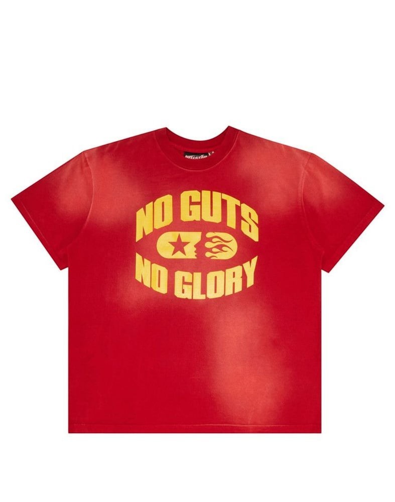 Jcresells red graphic t-shirt with yellow "NO GUTS NO GLORY" text, star, and flame motif. Washed-out vintage look.