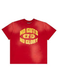 Jcresells red graphic t-shirt with yellow "NO GUTS NO GLORY" text, star, and flame motif. Washed-out vintage look.