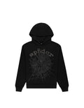 Jcresells Sp5der Phantom Black hoodie with spider web graphic and logo. Black cotton.