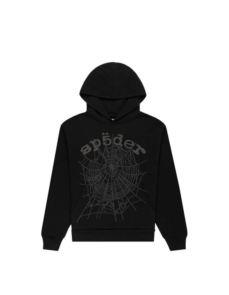 Jcresells Sp5der Phantom Black hoodie with spider web graphic and logo. Black cotton.